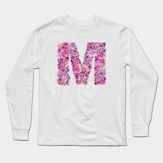 Pink Floral Letter M Long Sleeve T-Shirt by HayleyLaurenDesign